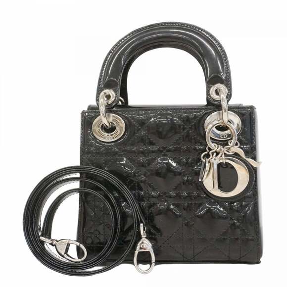 CHRISTIAN DIOR Handbags - Christian Dior Cannage Lady handbag, black enamel, 2-way bag for women.